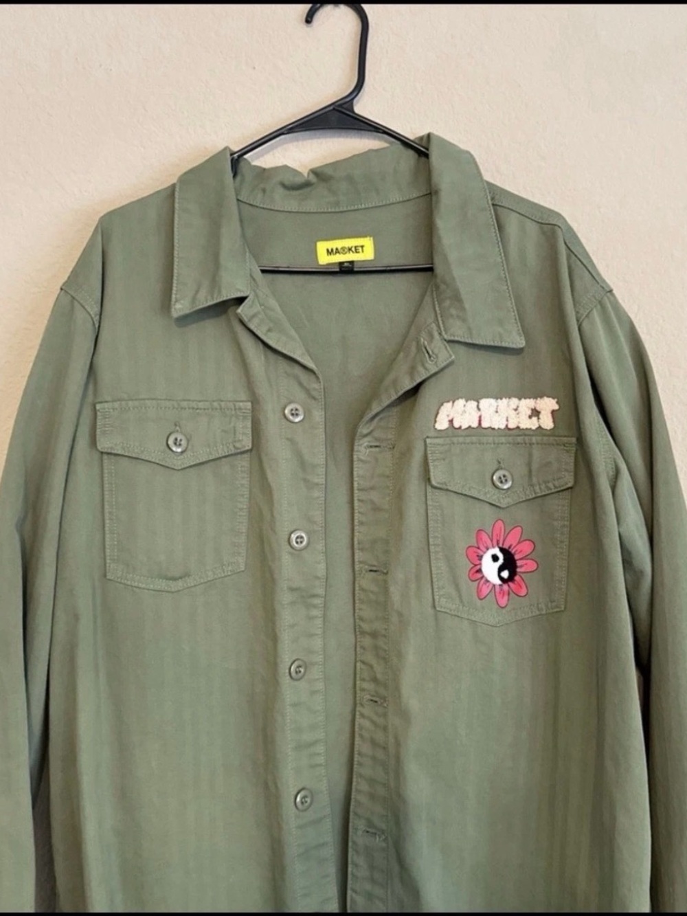 MARKET Olive Green Men's Button-Down Shirt with Pink Yin-Yang Floral Patch
